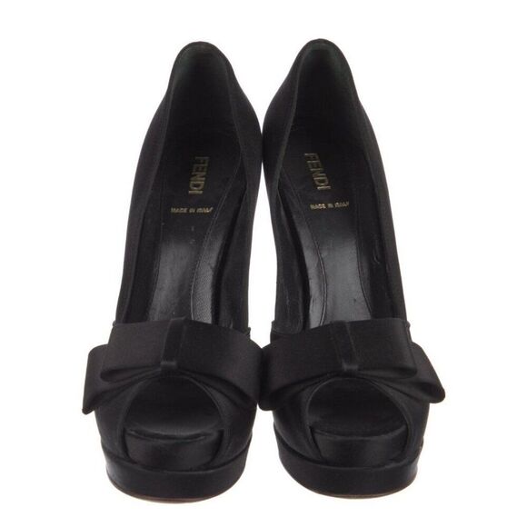 Fendi Authentic Solid Black Satin Bow Peep Toe High Heel Pumps 9.5 $630 - Picture 3 of 9